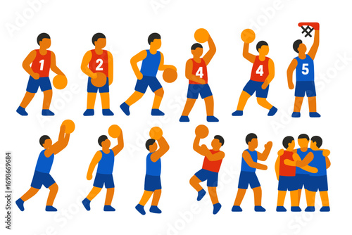 Basketball Player Icons. Flat vector icons of basketball players: point guard, shooting guard, small forward, power forward,