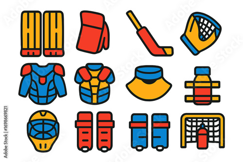 Hockey Goalie Gear Icons. Flat vector icons of hockey goalie equipment: goalie pads, blocker, glove, chest protector, goalie stick