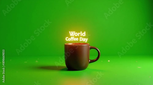 Warm mug of coffee celebrating World Coffee Day with glowing text.