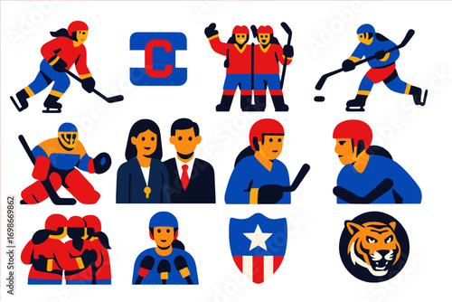 Women's Hockey Icons. Flat vector icons of women’s hockey: female skater, captain badge, team celebration, slapshot pose, save