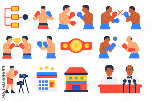 Boxing Icons Set. Flat vector icons of boxing tournament structure: bracket chart, title fight, elimination round, semifinal bout,