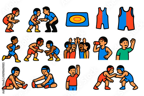 Youth Wrestling Icons. Flat vector icons of youth wrestling: child wrestler stance, coach guidance, mini mat, colorful singlet,