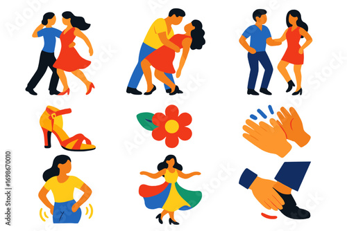 Latin Dance Icons. Flat vector icons of Latin dance: salsa spin, bachata dip, merengue step, cha-cha stance, Latin heels, flower
