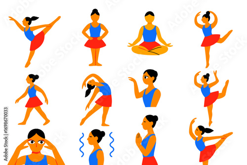 Ballet Wellness Icons. Flat vector icons of ballet for wellness: graceful movement, posture icon, calm breathing, balanced pose,