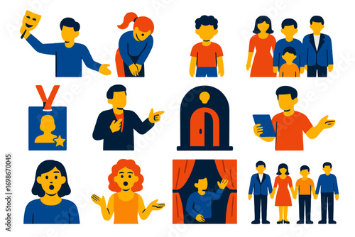 Theatrical Icon Set. Flat vector icons of actors and performers: actor pose, actress bow, child actor, ensemble group, understudy