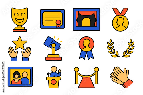 Theater Awards Icons. Flat vector icons of theater awards and recognition: golden mask trophy, certificate, stage photo frame,