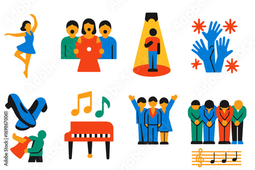 Musical Theater Icons. Flat vector icons of musical theater: dance pose, singing cast, spotlight solo, jazz hands, tap shoes,