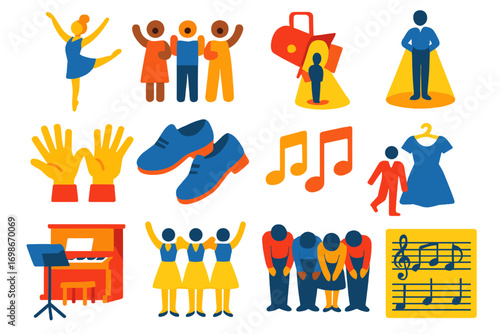 Musical Theater Icons. Flat vector icons of musical theater: dance pose, singing cast, spotlight solo, jazz hands, tap shoes,
