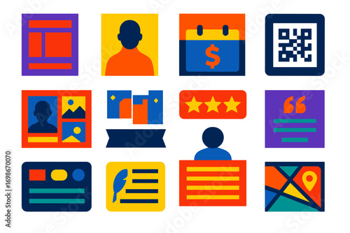 Theater Poster Icons. Flat vector icons of theater poster and promo elements: bold title, character spotlight, ticket info block,