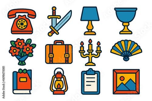 Vibrant Stage Prop Icons. Flat vector icons of stage props: vintage telephone, fake sword, table lamp, goblet, bouquet of flowers,