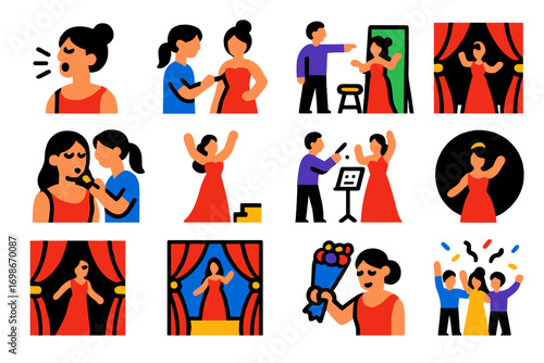 Opera Performance Icons. Flat vector icons of opera performance steps: vocal warm-up, costume fitting, stage blocking, makeup