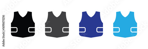 Collection of four safety vests in different colors black, dark gray, blue, and light blue, isolated on transparent background