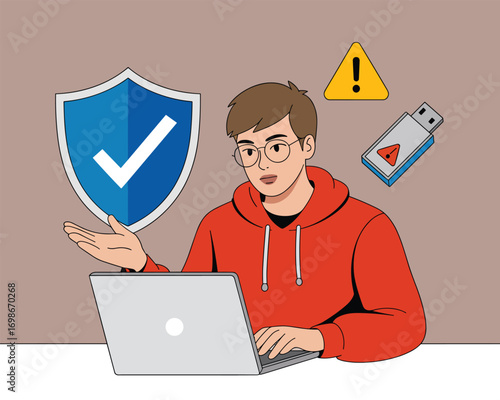 A user with a laptop manages digital safety, choosing a security shield over a virus threat