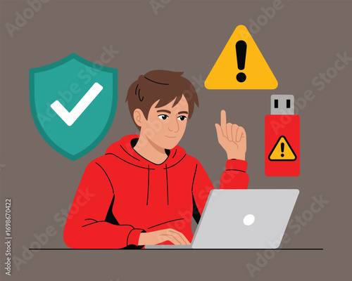 Cybersecurity awareness concept with a man considering digital threats from a USB drive