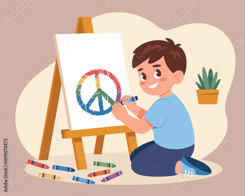 Boy Drawing Peace Symbol on Easel