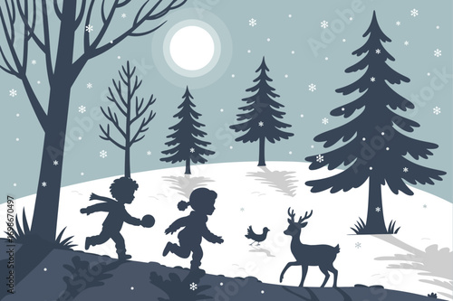 Nostalgic Winter Scene with Kids Playing in Snow with Pet Dog. Moonlit Forest Setting Capturing Warm Childhood Memories and Magical Outdoor Winter Adventure