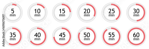 Set of circular countdown timer icons from 5 to 60 minutes. Timer, clock, stopwatch and cooking time icon set. 5, 10, 15, 20, 25, 30, 35, 40, 45, 50, 55, 60 minutes. Isolated vector illustration.