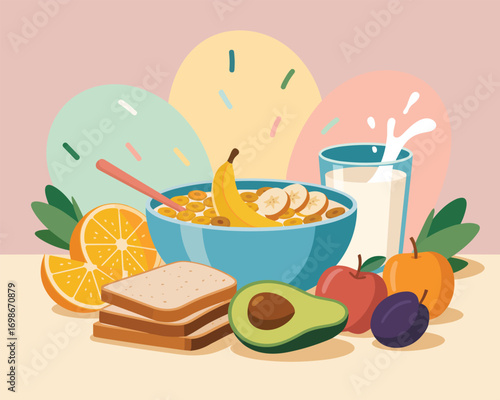Healthy Breakfast A Colorful Vector Illustration of Fruits, Cereal, and Milk