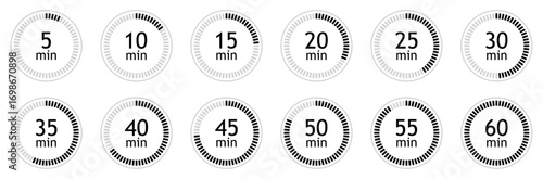 Set of circular countdown timer icons from 5 to 60 minutes. Timer, clock, stopwatch and cooking time icon set. 5, 10, 15, 20, 25, 30, 35, 40, 45, 50, 55, 60 minutes. Isolated vector illustration.