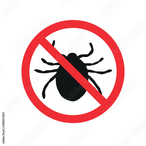 Vector hand drawn mite silhouette crossed in red circle isolated on white background
