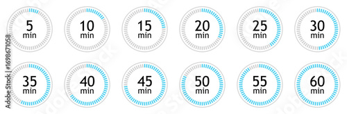 Set of circular countdown timer icons from 5 to 60 minutes. Timer, clock, stopwatch and cooking time icon set. 5, 10, 15, 20, 25, 30, 35, 40, 45, 50, 55, 60 minutes. Isolated vector illustration.