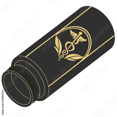 Black medicine bottle with caduceus symbol