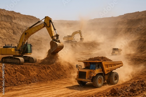 Active mining site with excavators and dump truck