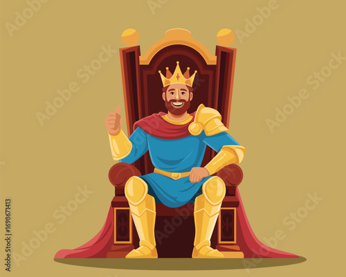 Smiling Regal Monarch on Majestic Throne with Thumbs Up Gesture Symbolizing Success and Approval