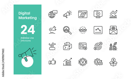 Digital marketing line icon set of 24 editable minimalist outline business and media symbols with teal panel on white background