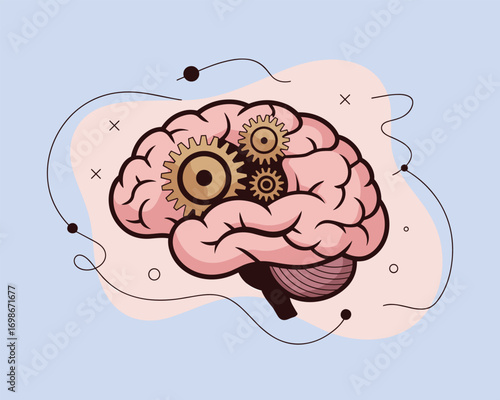 Human brain with cogs and gears representing the thinking process and mental mechanics