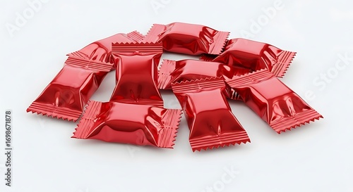 Pile of Shiny Red Wrapped Candies on a White Surface, Close-Up