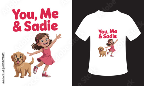 Cute girl and golden retriever dog design for t-shirts and apparel with "you me sadie" text