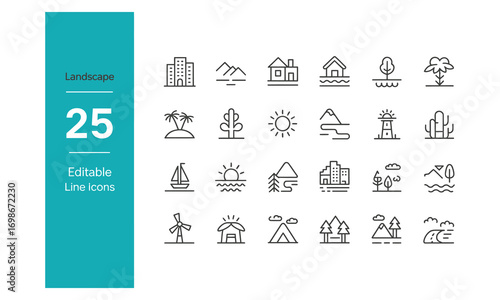 Landscape line icon set of 25 editable minimalist outline nature, city, and scenery symbols with olive green panel on white background