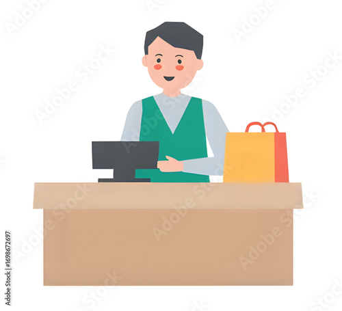 Friendly Cashier Ready to Assist Customers at the Checkout Counter with Shopping Bags Available