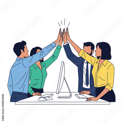 Vector art of teamwork and success, people giving high five