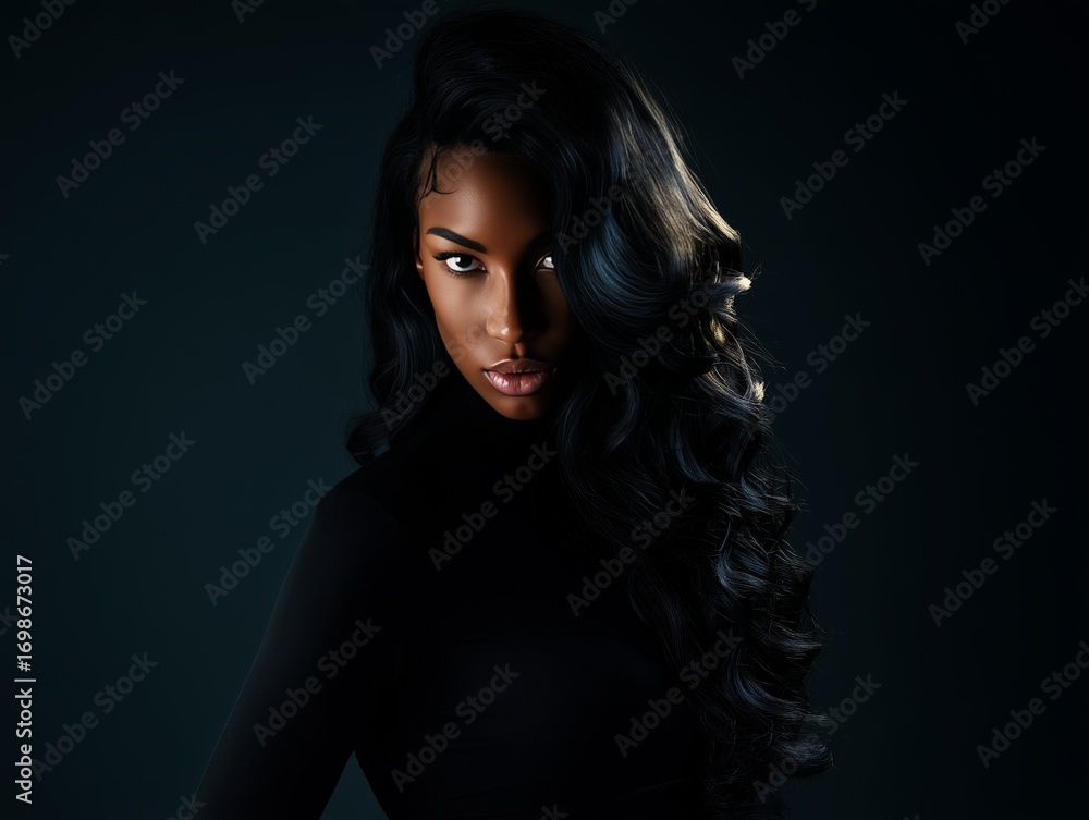A woman with long black hair in a dark room