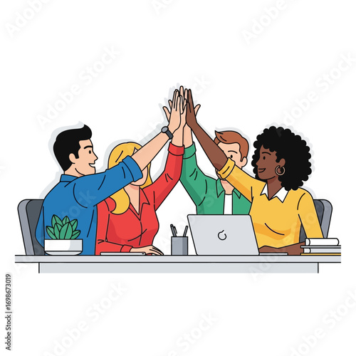 Vector art of diverse team giving high five celebrating success