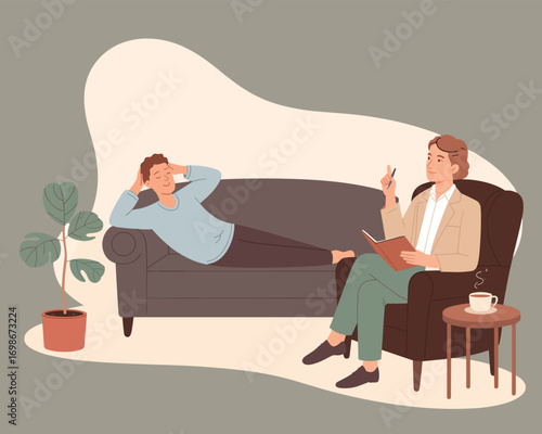 Calm therapy session in a flat vector style a man discusses mental health with his female psychologist