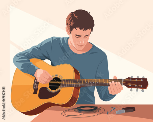 Young Man Playing Acoustic Guitar A Vector Illustration