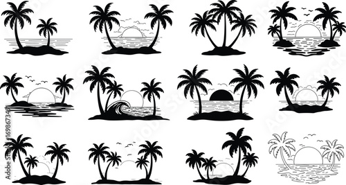Black and white tropical palm tree island illustrations with sunsets, sunrises, ocean waves, birds, beach scenes, summer vibes, nature, tropical paradise, calm sea horizon
