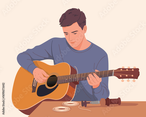 Focused Man Playing Acoustic Guitar A Modern Flat Vector Illustration of Music and Hobbies