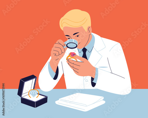 Professional Jeweler Examining a Precious Gemstone Ring with a Loupe