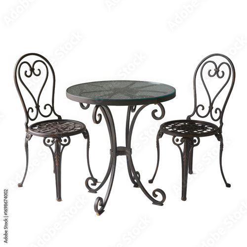 Ornate cast iron bistro set two chairs and round table elegant outdoor cafe furniture transparent background