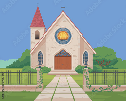 A serene vector illustration of a classic stone church building with a steeple and garden