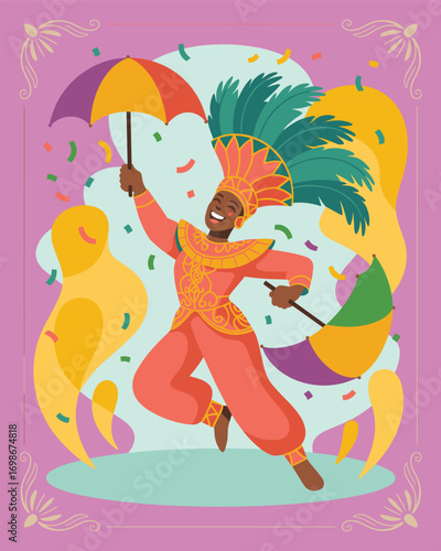 Vibrant Festive Illustration Joyful Dancer Celebrates Carnival with Umbrellas and Falling Confetti