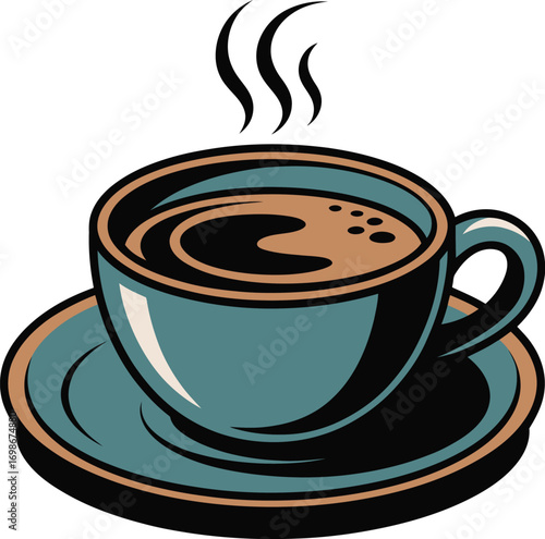 Steaming cup of hot coffee on a saucer, perfect for a morning boost.