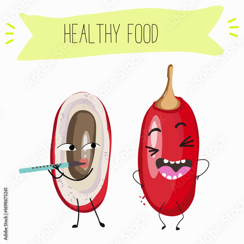 Miracle fruit funny characters, hand drawn vector illustration.