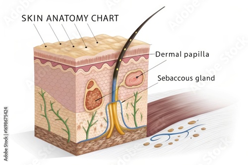 Detailed cross-sectional view of human skin and hair follicle anatomy