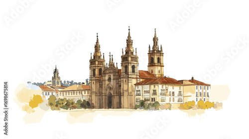 Cathedral of Santiago de Compostela. Cathedral of Santiago de Compostela watercolor vector illustration