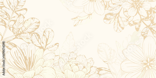 Elegant floral design with delicate line art flowers and leaves in soft beige tones